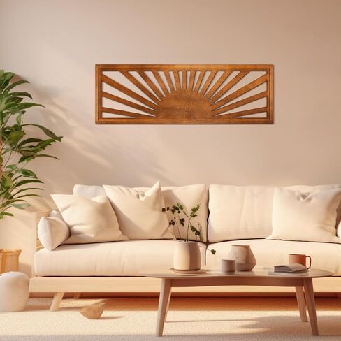 Burbell Sun Wood جدار الفن ديكور Boho Sunshine أفقي جدار الفن 35 بوصة × 12 بوصة كبيرة فوق السرير جدار ديكور بانورامية غروب الشمس غرفة نوم ديكور للمنزل غرفة المعيشة مكتب (لون الخشب) in Saudi Arabia