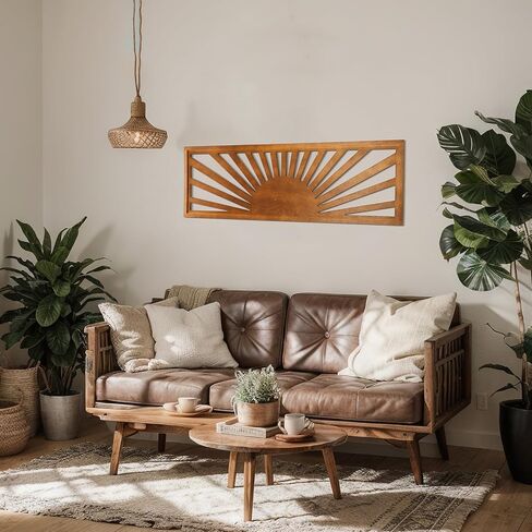 Burbell Sun Wood جدار الفن ديكور Boho Sunshine أفقي جدار الفن 35 بوصة × 12 بوصة كبيرة فوق السرير جدار ديكور بانورامية غروب الشمس غرفة نوم ديكور للمنزل غرفة المعيشة مكتب (لون الخشب) in Saudi Arabia