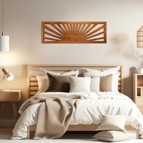 Burbell Sun Wood جدار الفن ديكور Boho Sunshine أفقي جدار الفن 35 بوصة × 12 بوصة كبيرة فوق السرير جدار ديكور بانورامية غروب الشمس غرفة نوم ديكور للمنزل غرفة المعيشة مكتب (لون الخشب) in Saudi Arabia