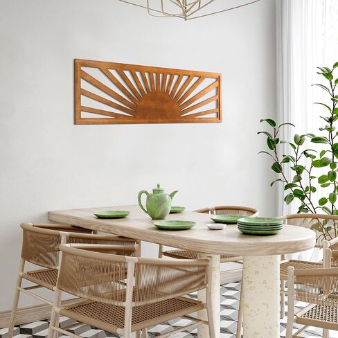 Burbell Sun Wood جدار الفن ديكور Boho Sunshine أفقي جدار الفن 35 بوصة × 12 بوصة كبيرة فوق السرير جدار ديكور بانورامية غروب الشمس غرفة نوم ديكور للمنزل غرفة المعيشة مكتب (لون الخشب) in Saudi Arabia