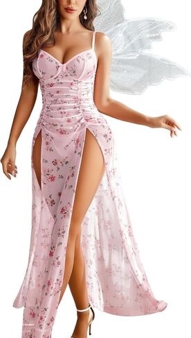 Avidlove ثوب نوم مثير للنساء شبكة الأزهار الشق مطوي الملابس الداخلية مع Underwire الخامس الرقبة فستان طويل in Saudi Arabia