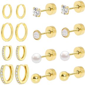 Surgical Steel Earrings for Women Men,Hypoallergenic Titanium Flat Back Earrings for Cartilage,Helix,Tragus,Stainless Steel Cubic Zirconia Huggie Hoop Earrings Sets for Multiple Piercing