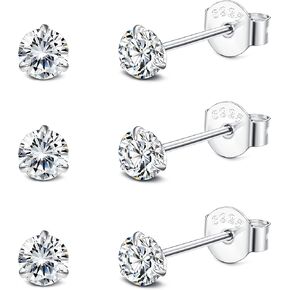 Sllaiss 3 Pairs 5A Cubic Zirconia Earrings Studs 925 Sterling Silver 3 4 Prong Round CZ Cartilage Earrings Stud White Gold Plated CZ Stud Earrings For Women Men 2mm 3mm 4mm