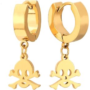 Pair Mens Womens Black Stainless Steel Huggie Hinged Hoop Earrings with Dangling Pirate Skull