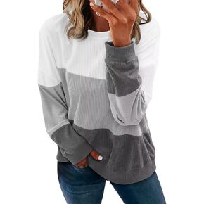 KISSMODA Womens Casual Long Sleeve Sweatshirts Color Block/Solid Tops Corduroy Crewneck Tunic Pullover with Pockets in Kuwait