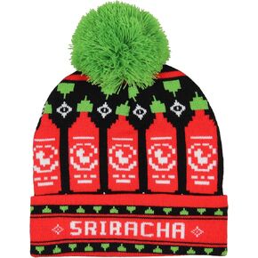 Sriracha Cuffed Beanie Hat Sriracha Hot Chili Sauce Holiday Sriracha Bottles Rib Knit Pom Pom Cuffed Beanie Cap for Men