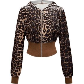 MakeMeChic Women's Leopard Print Rhinestone Cropped Sweatshirt Long Sleeve Full Zip Vintage Hoodies Top