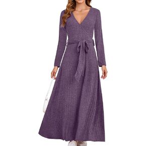 FANDEE Women's Long Sleeve V Neck Maxi Dress - Fall Dresses with High Waist, Elastic and Keep Warm for Women