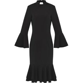 Black Bell Sleeve Church Dress Clergy Fishtail Dress Tab Insert Collar Priestess Dress
