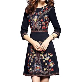 LAI MENG FIVE CATS Women's Premium Embroidered Floral Round Neck Cocktail Elegant Mini Dress