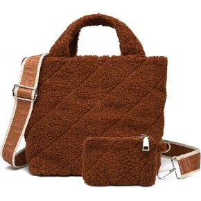 MYHOZEE Small Sherpa Tote Bag, Flurry Crossbody Bags for Women Quilted Fleece Purse Fuzzy Plush Winter Handbags