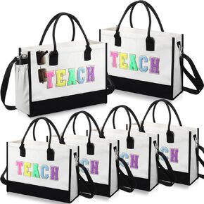 6 Pcs Teacher Chenille Letter Tote Bag Teacher Christmas Appreciation Gifts Halloween Canvas Handbag with Zipper Gift for Christmas Her Anniversary Graduation Gift