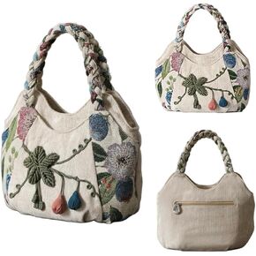 Women Cotton Canvas Tote Bag Hippie Hemp Boho Embroidery Canvas Tote Bag With Zipper Multi Pocket Retro Handbag Floral Purse in Kuwait