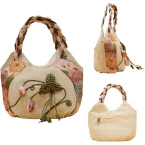 Women Cotton Canvas Tote Bag Hippie Hemp Boho Embroidery Canvas Tote Bag With Zipper Multi Pocket Retro Handbag Floral Purse