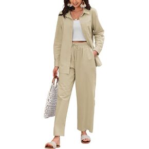 Zeagoo Women Linen Suit Two Piece Outfits Summer Beach Linen Shirt and Pants Set