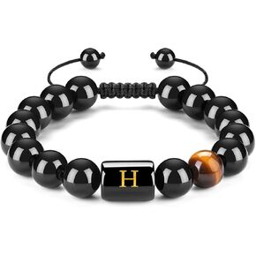FRG Initials Bracelets for Men Letter Link Handmade Natural Black Onyx Tiger Eye Stone Beads Braided Rope Meaningful Bracelet