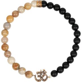 KARMA AND LUCK Mindful Guru Matte Onyx, Jasper, & African Opal Om Bracelet for Men and Women, Gold-Plated Brass, Size 8" Stretch