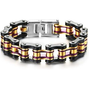 COOLSTEELANDBEYOND Masculine Mens Stainless Steel Motorcycle Bike Chain Bracelet, Black Gold Purple, High Polished