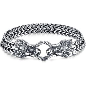 jonline24h Stainless Steel Mens Womens Double Dragon Punk Rock Biker Charm Link Bracelet Bangle Silver