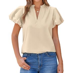 BTFBM Womens Spring Summer Tops Dressy Casual 2025 Trendy V Neck Puff Short Sleeve Cute Shirts Business Work Blouses