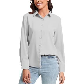 jonivey Womens Stretch Button Down Shirt Long Sleeve Wrinkle-Free Lightweight Smooth Loose Casual Office Work Shirts