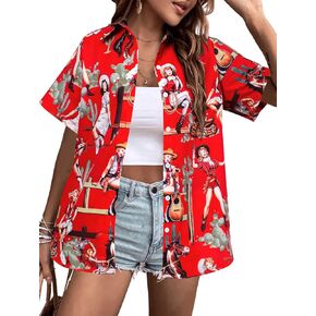 Western Button Up Shirts Women: Retro Cowgirl Shirt Rodeo Shirts Hawaiian Summer Vacation Short Sleeve Top Blouses