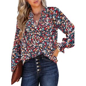 HOTOUCH Women Bohemian V Neck Floral Print Smocked Long Sleeve Casual Tops Chiffon Blouses Boho Shirts