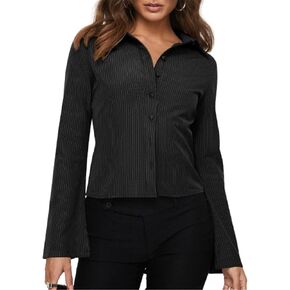 ECHOINE Women Button Down Shirts Long Sleeves Slim Fitted Casual Collared Blouses Work Striped Tops