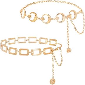 2 قطعة أحزمة سلسلة معدنية ذهبية أحزمة سلسلة الخصر الذهبية للنساء موضة قابلة للتعديل لفستان ملابس الجينز (مربع) in Kuwait