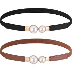 Molain 2 Pcs Elastic Stretch Belt for Women, Retro Pearl Buckle Thin Belt Cute Waist Belt for Jeans Dress Pants