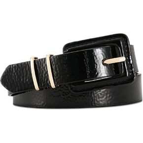 Women's Black Patent Leather Belt Square Buckle with Gold Accents Waist Belts For Jeans Dress