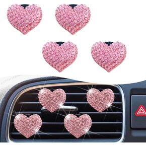 4 PCS Bling Heart Air Vent Clips, Crystal Heart-shaped Aroma Diffusers, Car Air Conditioning Air Freshener Clips, Cute Car Interior Accessories for Women and Girls (Pink)
