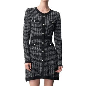 Women's Sweater Dress Long Sleeve Tweed Knitted Dress Pearl Button Crew Neck Mini Dresses Fall Winter