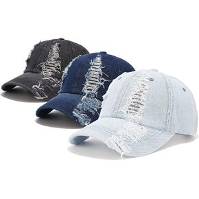 3 Pack Baseball Cap Vintage Distressed Ripped Denim Low Profile Unstructured Cotton Dad Hat Adjustable for Women Men (Black, Dark Blue, Light Blue)