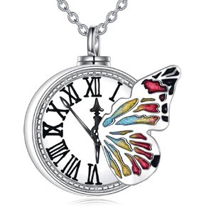 POPLYKE Butterfly Urn Necklace 925 Sterling Silver Clock Cremation Urn Memorial Pendant Necklace Urn Keepsakes Cremation Jewelry for Ashes