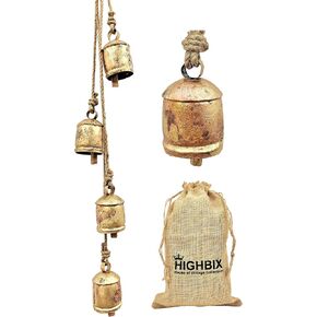 HIGHBIX Harmony 4 Cow Bells Cluster on Rope Large Rustic Vintage Lucky Cow Bells On Rope Wall Hanging Décor (Gold)
