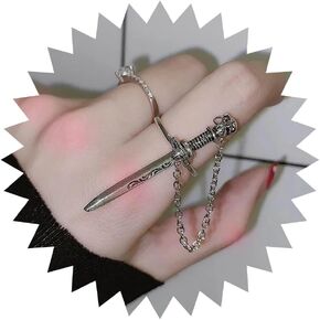 Gothic Skull Sword Rings Removable Sword Ring with Chain Punk Silver Chain Finger Ring Vintage Skull Sword Index Cool Ring Y2k Jewelry for Women Men