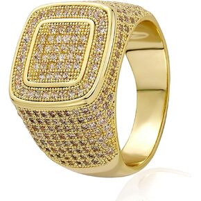 JINAO Men Ring 14K Gold Plated Cluster Iced Out Lab Simulated Diamond Band Micropave Bling Wedding Pinky Ring for Women