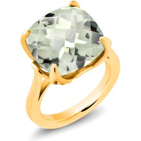 Gem Stone King 18K Yellow Gold Plated Silver Green Prasiolite Engagement Ring For Women (9.72 Cttw, 14MM Cushion Checkerboard, Available in Size 5,6,7,8,9)