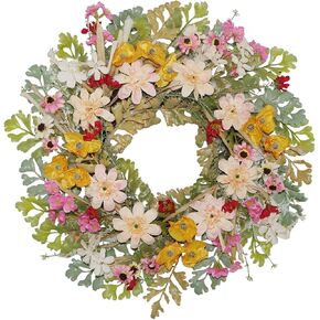White Faux Silk Flower Spring Summer Easter Wreath 24-26" for Front Door – Anemone Daisy Tagetes Erecta Green Eucalyptus and Fern Leaves – Farmhouse Front Porch Wreath, Outdoor Indoor Use