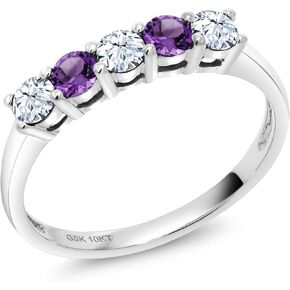 10K White Gold White Created Sapphire and Purple Amethyst 5 Stone Wedding Engagement Promise Ring For Women (0.59 Cttw, Round 3MM, Gemstone September Birthstone, Available In Size 5, 6, 7, 8, 9)