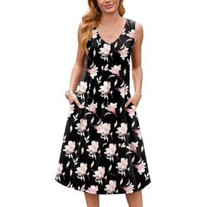 Zeagoo Women Summer Casual Dress 2025 Sleeveless Midi Swing Tank Sundress with Pockets V Neck A Line Pleated Tshirt Dress