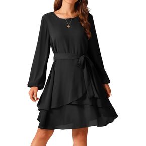 Seta T Women's Fall Dresses Round Neck Long Sleeve Waist Tie Ruffle Mini Swing Skater Dress