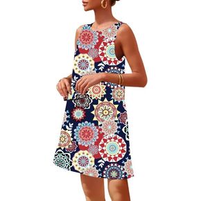 Women's Summer Casual Sleeveless Tank Dress Loose RIC Rac Crew Neck Boho Beach Mini Sundress with Pockets