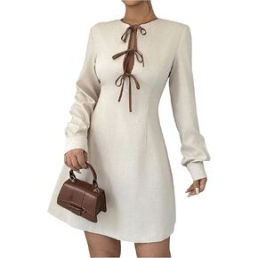 SOLY HUX Women's Bow Tie Front A Line Dress Crew Neck Long Sleeve Mini Dresses