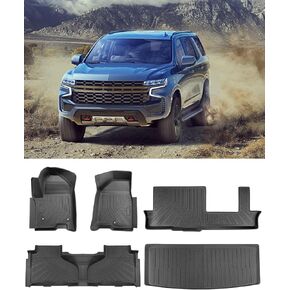 5 PCs for 2024-2021 Chevy Chevrolet Tahoe 8 Seats Full Set Floor Mats Cargo Liner 2021 2022 2023 2024 Chevy Chevrolet Tahoe 8 Seats (Z71 RST LS LT) All Weather Protection Custom Mats Accessories