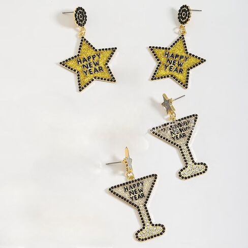 Happy New Year Champagne Earrings Champagne Bottle Wine Glass New Year's Hat Dangle Earrings New Year’s Eve Party Holiday Jewelry Gifts for Women in Saudi Arabia
