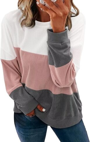 KISSMODA Womens Casual Long Sleeve Sweatshirts Color Block/Solid Tops Corduroy Crewneck Tunic Pullover with Pockets in Kuwait