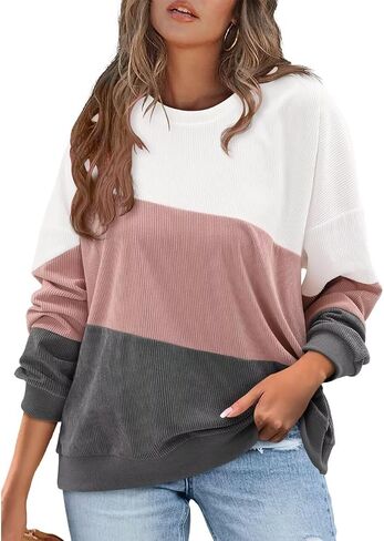 KISSMODA Womens Casual Long Sleeve Sweatshirts Color Block/Solid Tops Corduroy Crewneck Tunic Pullover with Pockets in Kuwait