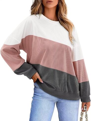 KISSMODA Womens Casual Long Sleeve Sweatshirts Color Block/Solid Tops Corduroy Crewneck Tunic Pullover with Pockets in Kuwait